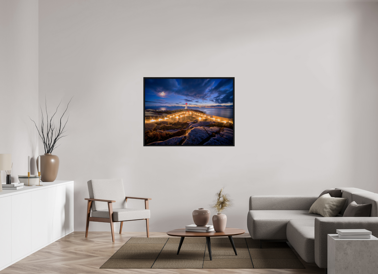 48 x 36″, Floater Frame Peggy's Cove Moonrise