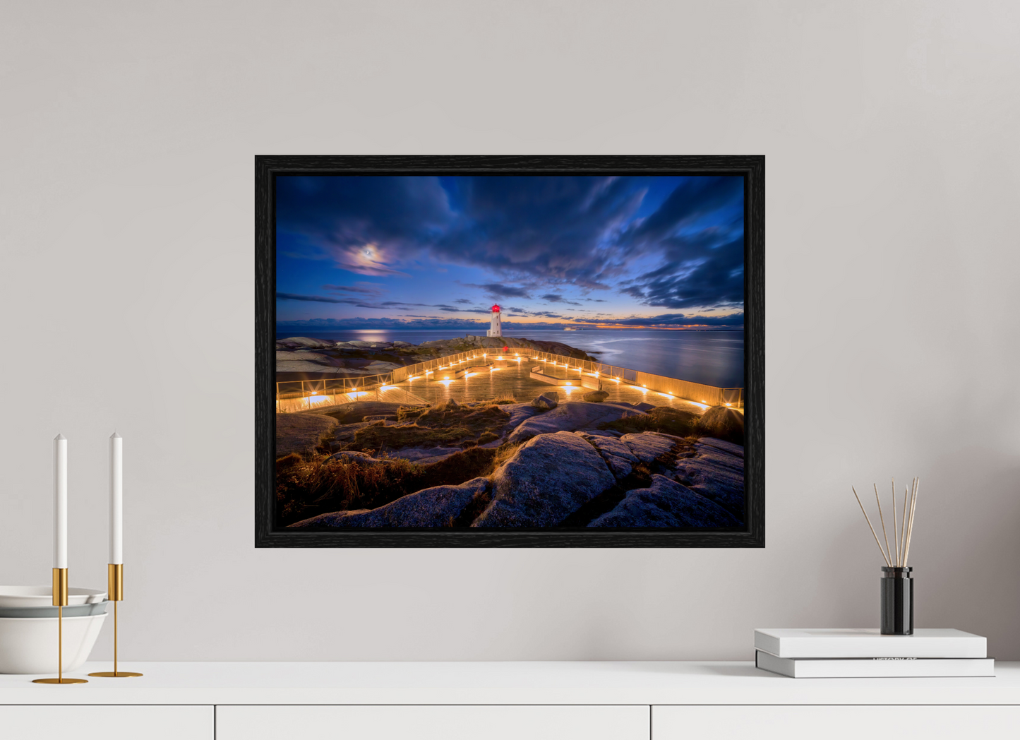 20 x 15″, Floater Frame Peggy's Cove Moonrise