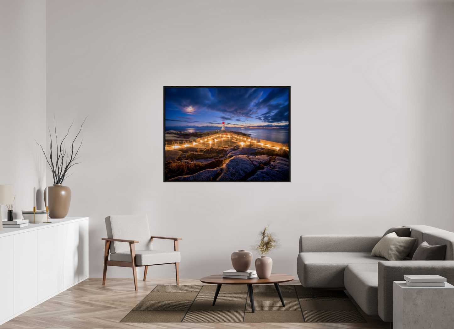 56 x 42″, Floater Frame Peggy's Cove Moonrise